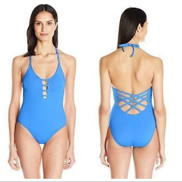 NWT La Blanca Strappy Blue Plunge Tummy Control Swimsuit SZ 4 - Picture 1 of 11